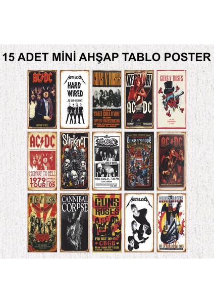 Rock Metal Müzik Metallica Ac-Dc Guns N Roses Cannibal Corpse Dekorasyon 15 Parça Retro Ahşap Poster