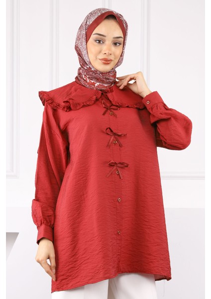 Bordo Bebe Yaka Fiyonk Detaylı Gömlek