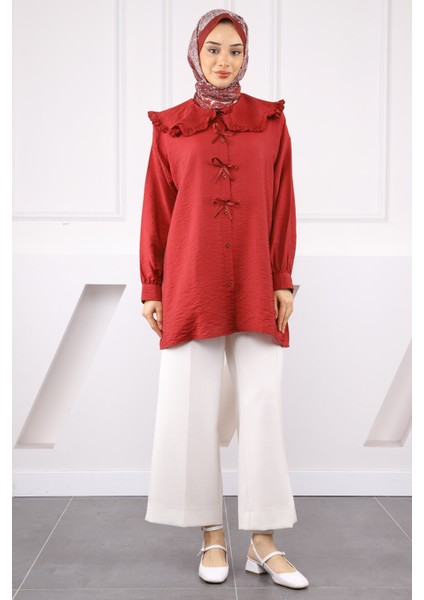 Bordo Bebe Yaka Fiyonk Detaylı Gömlek
