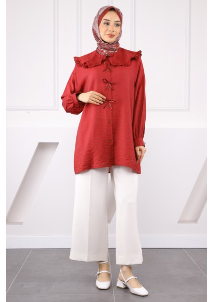 Bordo Bebe Yaka Fiyonk Detaylı Gömlek