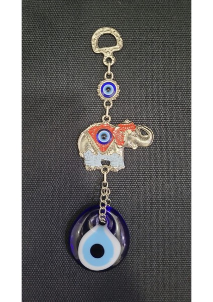 Nazar Boncuklu Nazarlık Kırmızı Fil Cam Metal Duvar Süs El Yapım 15 cm Gümüş Renk Mini 1 Adet