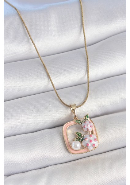 316L Çelik Gold Renk Zincir Pembe Mineli Kare Model Çiçek Işlemeli Inci Detay Kadın Kolye