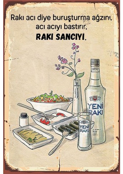 Acı Acıyı Bastırır Rakı Sancıyı Retro Ahşap Poster