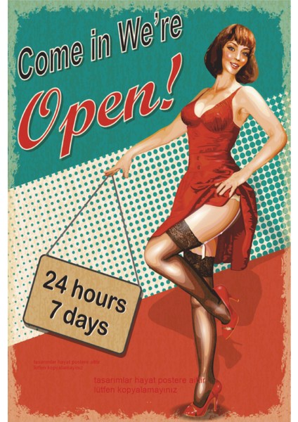 7/24 Açık Tabelası Pinup Kızı Dekorasyon Tablo Retro Ahşap Poster