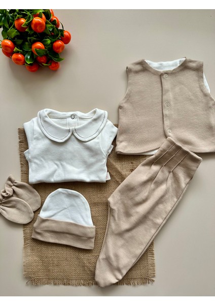 Yelekli Hastane Çıkışı Set - Sütlü Kahve / (Yelek, Pantolon, Body, Bere, Eldiven) modelleri