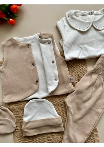 Yelekli Hastane Çıkışı Set - Sütlü Kahve / (Yelek, Pantolon, Body, Bere, Eldiven) fırsatları
