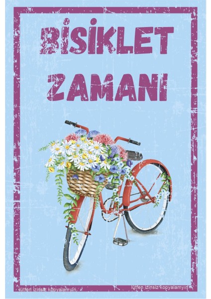 Sepetinde Çiçekli Vintage Bisiklet Ev Dekorayon Tablo Hediyelik Pop Art Retro Ahşap Poster