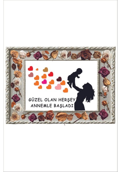 Anneler Günü Hediye Ahşap Çerçeve Görünümlü Çiçekli Tablo 25 x 35 cm