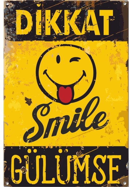 Dikkat Smile Emoji Dgülümse Uyarı Levhası Retro Ahşap Poster
