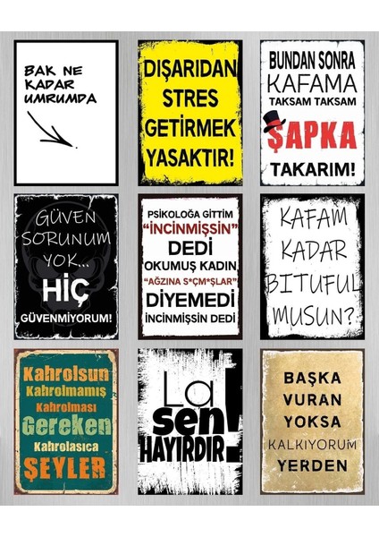 9 Parça Karışık Yazılı Ahşap Tablo Seti