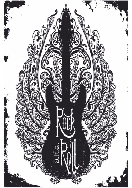 Rock And Roll Eskitilmiş Siyah Beyaz Müzik Gitar Retro Ahşap Poster