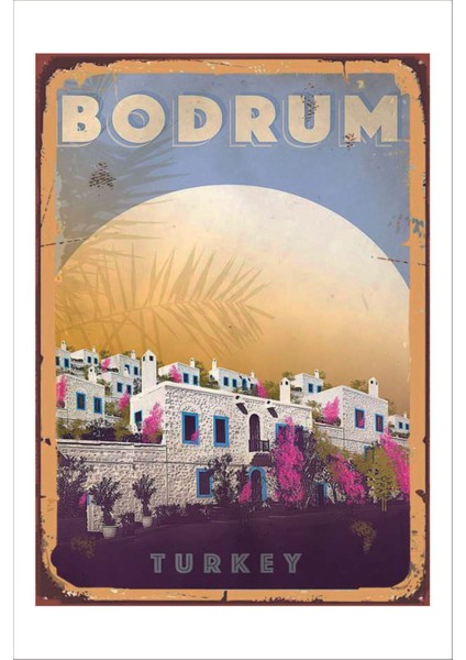 Retro Bodrum Evleri Begonvil Görselli Vintage 20 x 30 Tablo