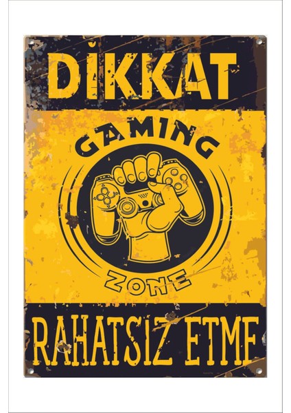 Retro Dikkat Gaming Zone Rahatsız Etme Komik Eğlenceli Esprili Duvar Yazıları Sözleri 20 x 30TABLO