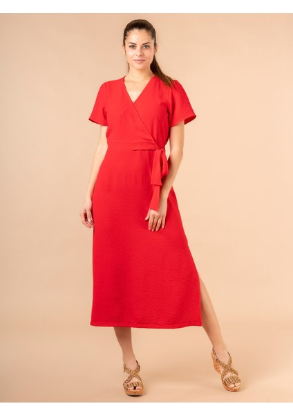 Lupinn Moda Kırmızı V Yaka Kısa Kollu Yandan Bağlamalı Kuşaklı Midi Elbise - Yazlık Dokuma fırsatları
