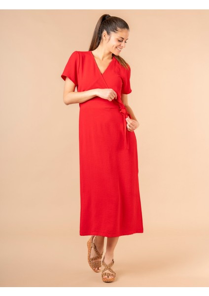 Lupinn Moda Kırmızı V Yaka Kısa Kollu Yandan Bağlamalı Kuşaklı Midi Elbise - Yazlık Dokuma indirimleri