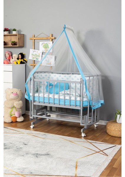 Ahşap Beşik Anne Yanı Yeni Doğan Papatya Gri Bebek Beşiği Mavi Balina Uyku Setli + Teker