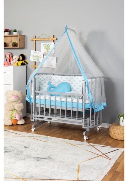 Ahşap Beşik Anne Yanı Yeni Doğan Papatya Gri Bebek Beşiği Mavi Balina Uyku Setli + Teker fiyatları