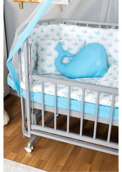 Ahşap Beşik Anne Yanı Yeni Doğan Papatya Gri Bebek Beşiği Mavi Balina Uyku Setli + Teker modelleri