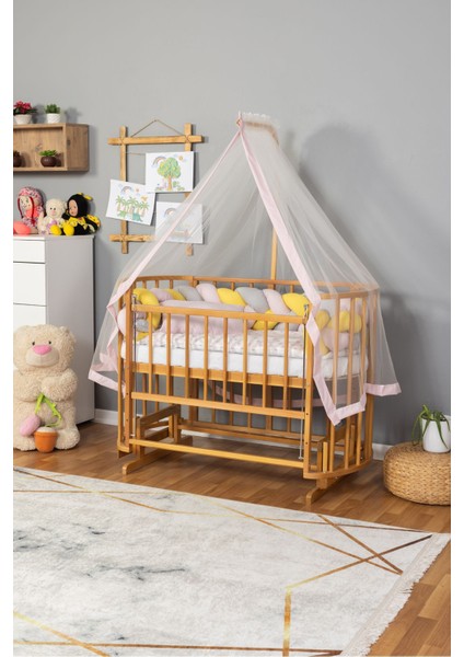 Ahşap Beşik Anne Yanı Yeni Doğan Papatya Doğal Bebek Beşiği Pembe Sarı Örgü Uyku Setli
