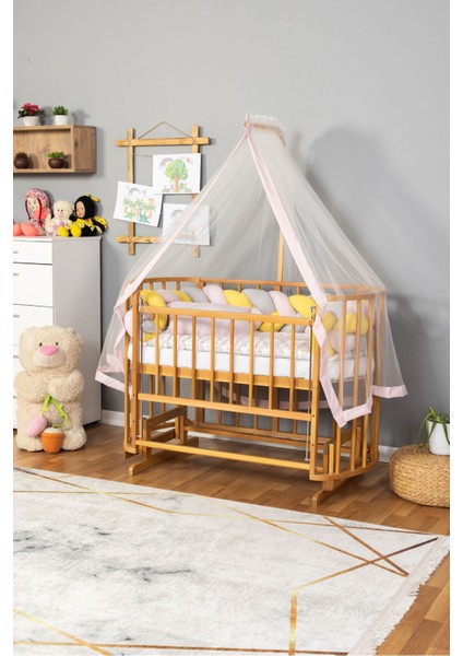Ahşap Beşik Anne Yanı Yeni Doğan Papatya Doğal Bebek Beşiği Pembe Sarı Örgü Uyku Setli fiyatları