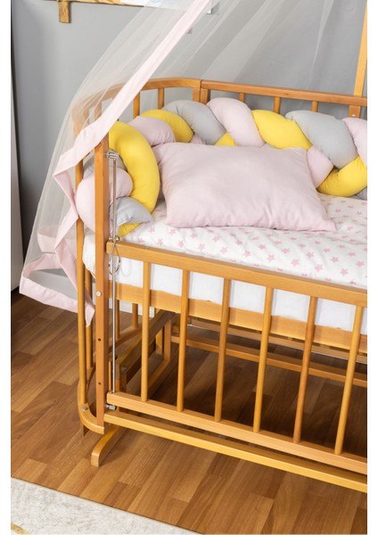 Ahşap Beşik Anne Yanı Yeni Doğan Papatya Doğal Bebek Beşiği Pembe Sarı Örgü Uyku Setli modelleri