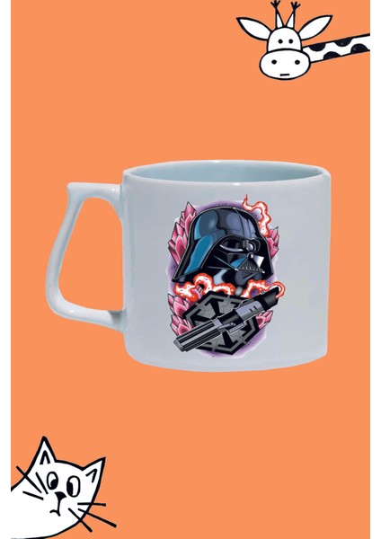 Çizgi Karakter Darth Wader Tasarım Baskılı Beyaz Lüks Sap Kupa Bardak