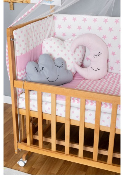 Ahşap Beşik Anne Yanı Yeni Doğan Asya Organik Bebek Beşiği Pembe Yıldız Uyku Setli + Tekerlekli