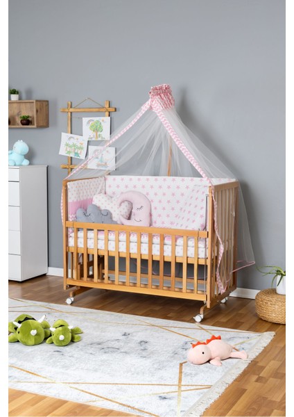 Ahşap Beşik Anne Yanı Yeni Doğan Asya Organik Bebek Beşiği Pembe Yıldız Uyku Setli + Tekerlekli fiyatları
