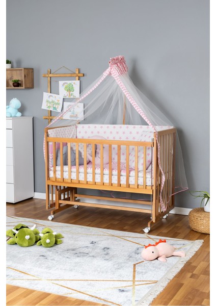 Ahşap Beşik Anne Yanı Yeni Doğan Asya Organik Bebek Beşiği Pembe Yıldız Uyku Setli + Tekerlekli modelleri
