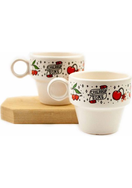 Kiraz Desenli 2'li Espresso Bardak Seti - Hediye Seramik Fincan