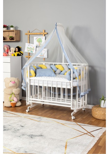 Ahşap Beşik Anne Yanı Yeni Doğan Papatya Beyaz Bebek Beşiği Mavi Sarı Örgü Uyku Setli+Teker