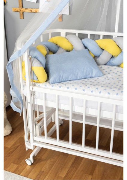 Ahşap Beşik Anne Yanı Yeni Doğan Papatya Beyaz Bebek Beşiği Mavi Sarı Örgü Uyku Setli+Teker fiyatları