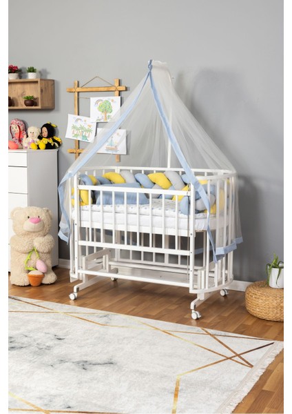 Ahşap Beşik Anne Yanı Yeni Doğan Papatya Beyaz Bebek Beşiği Mavi Sarı Örgü Uyku Setli+Teker modelleri