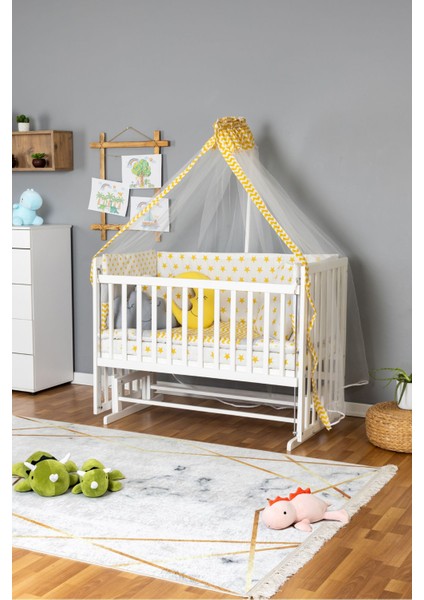 Ahşap Beşik Anne Yanı Yeni Doğan Asya Beyaz Bebek Beşiği Sarı Yıldız Uyku Setli