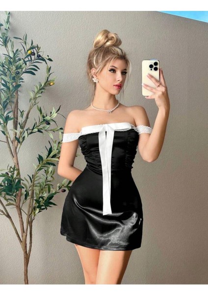 Y2K Fairycore Prenses Kurdele Detaylı Siyah Saten Mezuniyet Düğün Nişan Elbise