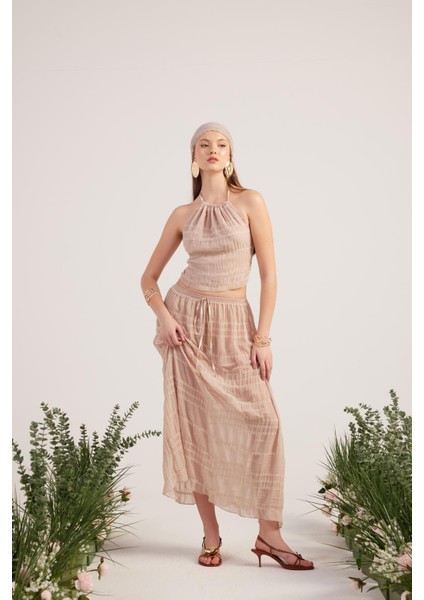 Şal Detaylı Etek Bluz Üçlü Bohemy Takım Bej