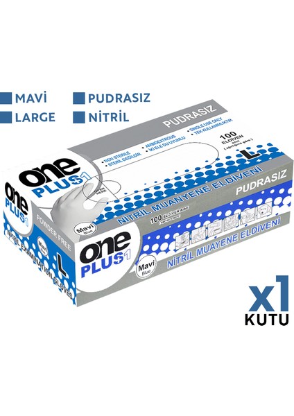 One Plus Nitril Muayene Eldiveni 100'LÜ L Büyük Boy Mavi