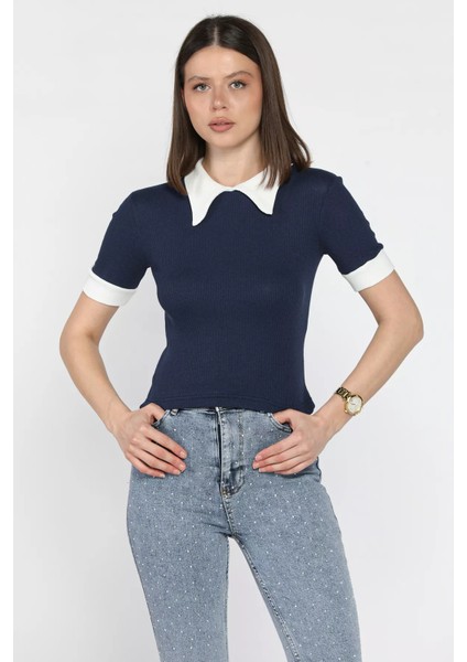 Kadın Polo Yaka Renk Garnili Kaşkorse Bluz P-00016854