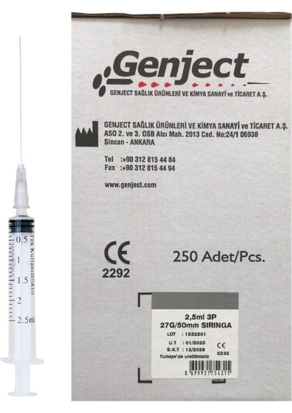 - 2.5 ml 3p 27G 50MM Uzun Dental Enjektör - 250 Adet