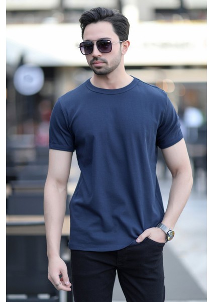 Erkek Bisiklet Yaka Ribanalı Pamuklu T-Shirt Lacivert - 2143