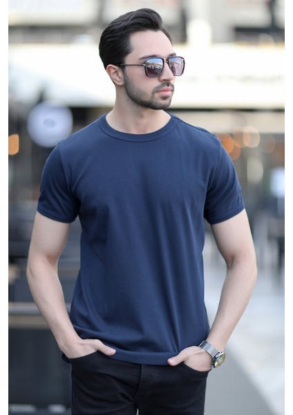 Erkek Bisiklet Yaka Ribanalı Pamuklu T-Shirt Lacivert - 2143 modelleri