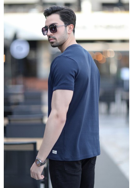 Erkek Bisiklet Yaka Ribanalı Pamuklu T-Shirt Lacivert - 2143 fırsatları