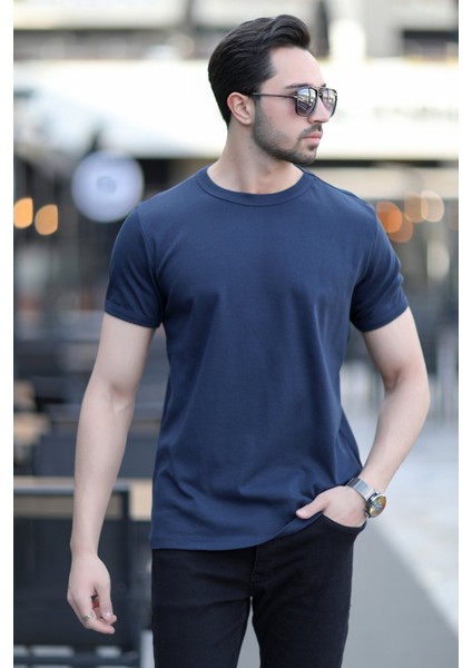 Erkek Bisiklet Yaka Ribanalı Pamuklu T-Shirt Lacivert - 2143 indirimleri