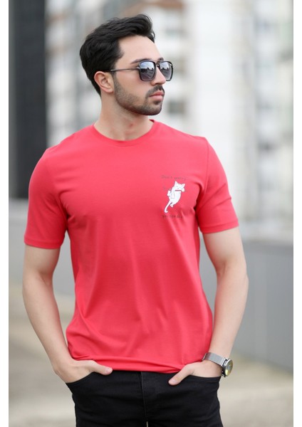 Erkek Bisiklet Yaka Kedi Dijital Baskılı T-Shirt Kırmızı - 2020-3