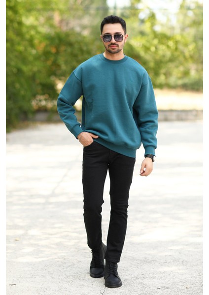 Erkek Oversize Sweatshirt Petrol Mavi Bisiklet Yaka Jb Nakışlı 3ip Şardonlu Pamuk Karışımlı - 5405