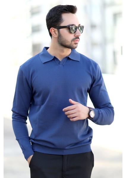 Erkek Indigo Polo Yaka %100 Mikro Flament Örme Ribanalı Triko Sweatshirt - 1920