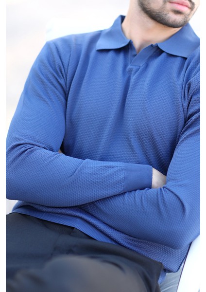 Erkek Indigo Polo Yaka %100 Mikro Flament Örme Ribanalı Triko Sweatshirt - 1920