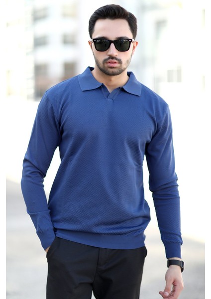 Erkek Indigo Polo Yaka %100 Mikro Flament Örme Ribanalı Triko Sweatshirt - 1920
