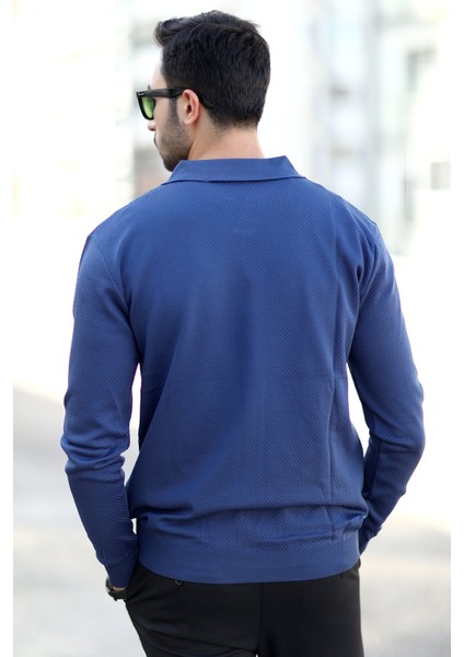 Erkek Indigo Polo Yaka %100 Mikro Flament Örme Ribanalı Triko Sweatshirt - 1920