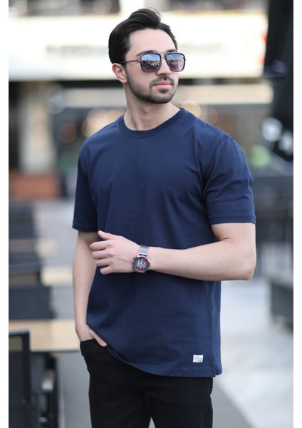 Erkek Bisiklet Yaka Regular Fit Pamuklu T-Shirt Lacivert - 5446